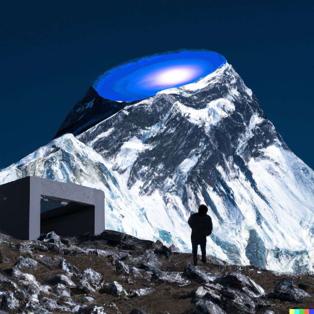 someone gazing at Mount Everest in a futurescape